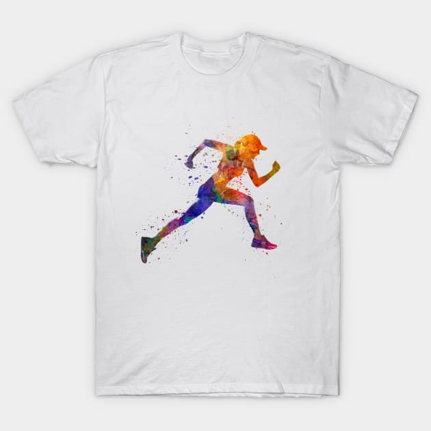 Woman runner jogger jumping T-Shirt by PaulrommerArt